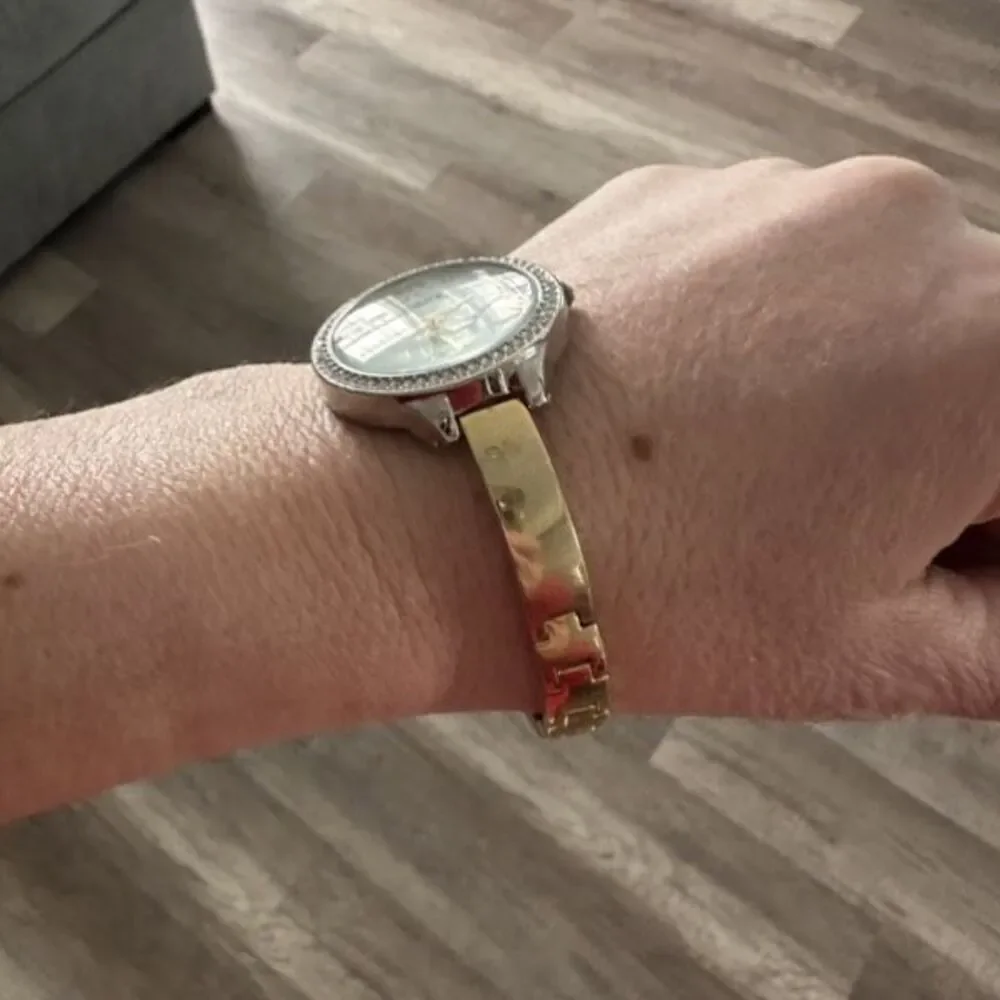 Chico’s Large Face Mother of Pearl Pave Rhinestone Goldtone Delicate‎ Band Watch
